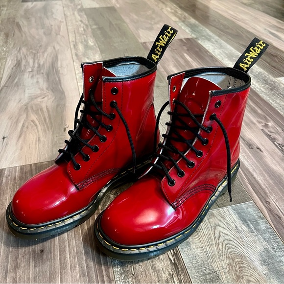 Dr. Martens Shoes - Vtg Doc Martens 1460 Made in England Air Wair Red Patent Leather Boots US Size 8